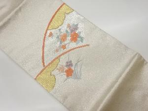 リサイクル　銀駒刺繍花々に雲・菱模様名古屋帯